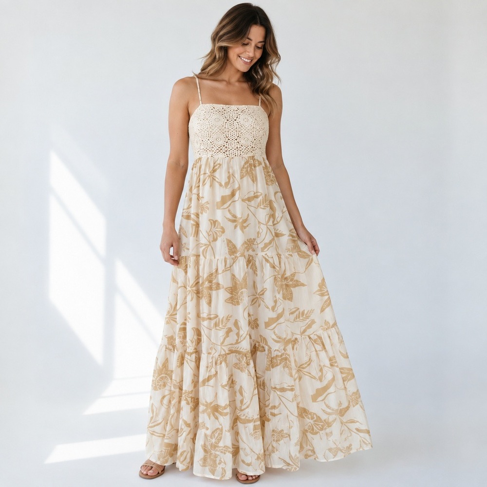 American Eagle Women L Crochet Maxi Dress Pockets Boho Coastal Floral Tiered Tan